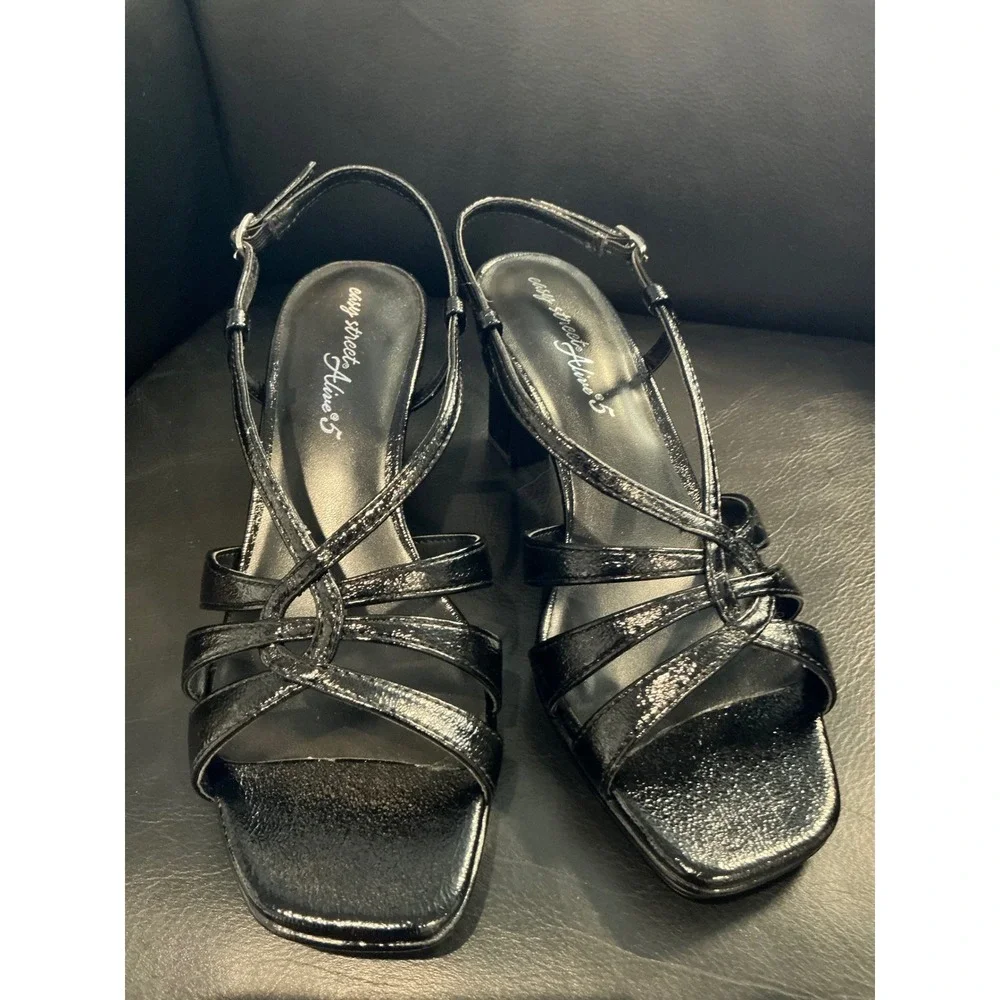 Easy Street Valorie Sandals Womens 7.5W Black‎ Crinkled Strappy Heels